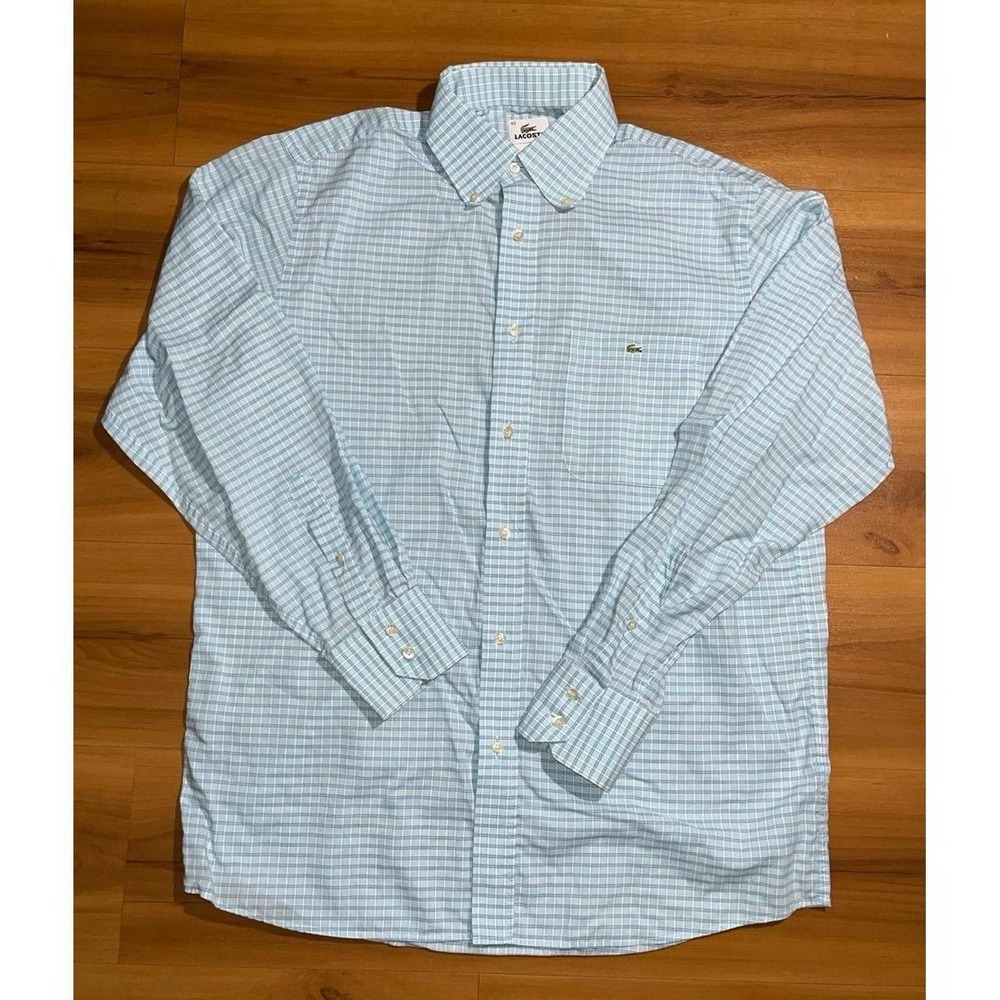 Mens Lacoste Gingham Button-Front Pocket Long Sleeve Casual Dress Shirt